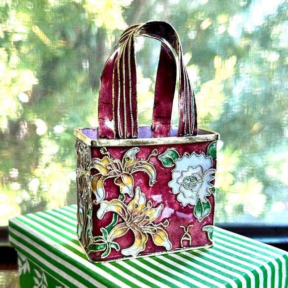 Vintage Enamelware Mini Handbag Trinket Box Decorative Purse Knick Knack Holder - Picture 1 of 12